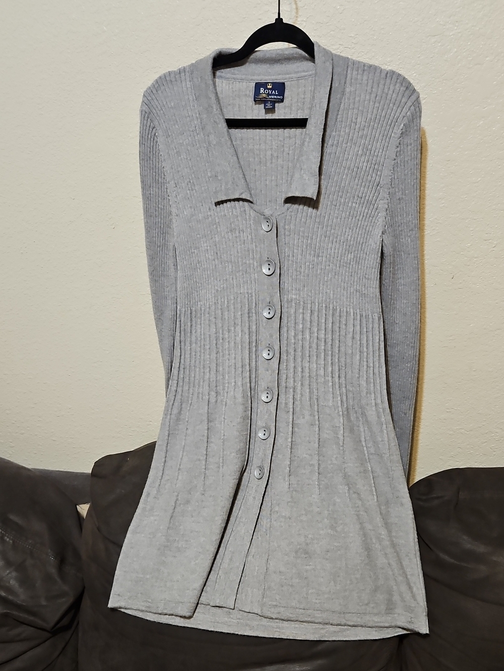 Light Gray Super Soft Extra Fine 100% Merino Wool Ribbed Button-Front Dress